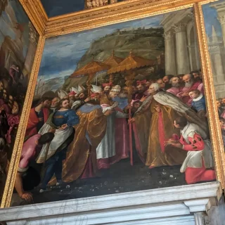 Папа Александр III и дож Дзиани отправляют молодого Оттона к Барбароссе с предложением мира, Пальма Младший, 1587 г. Дворец Дожей