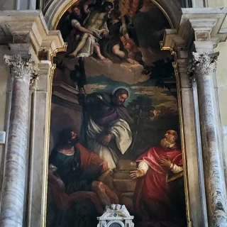 Мертвый Христос, поддерживаемый ангелами, Святой Иаков между святыми Марком Евангелистом и Иеронимом, Веронезе Паоло, 1584 г. Церковь Сан Джулиан