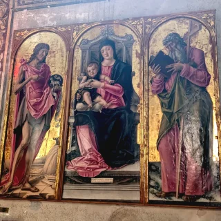 Мадонна с младенцем между святыми Иоанном Крестителем и Андреем., Виварини Бартоломео, 1478 г. Церковь Сан Джованни-ин-Брагора